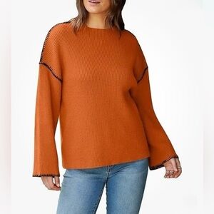 Rust Knit Pullover with Contrast Stitch Detail
